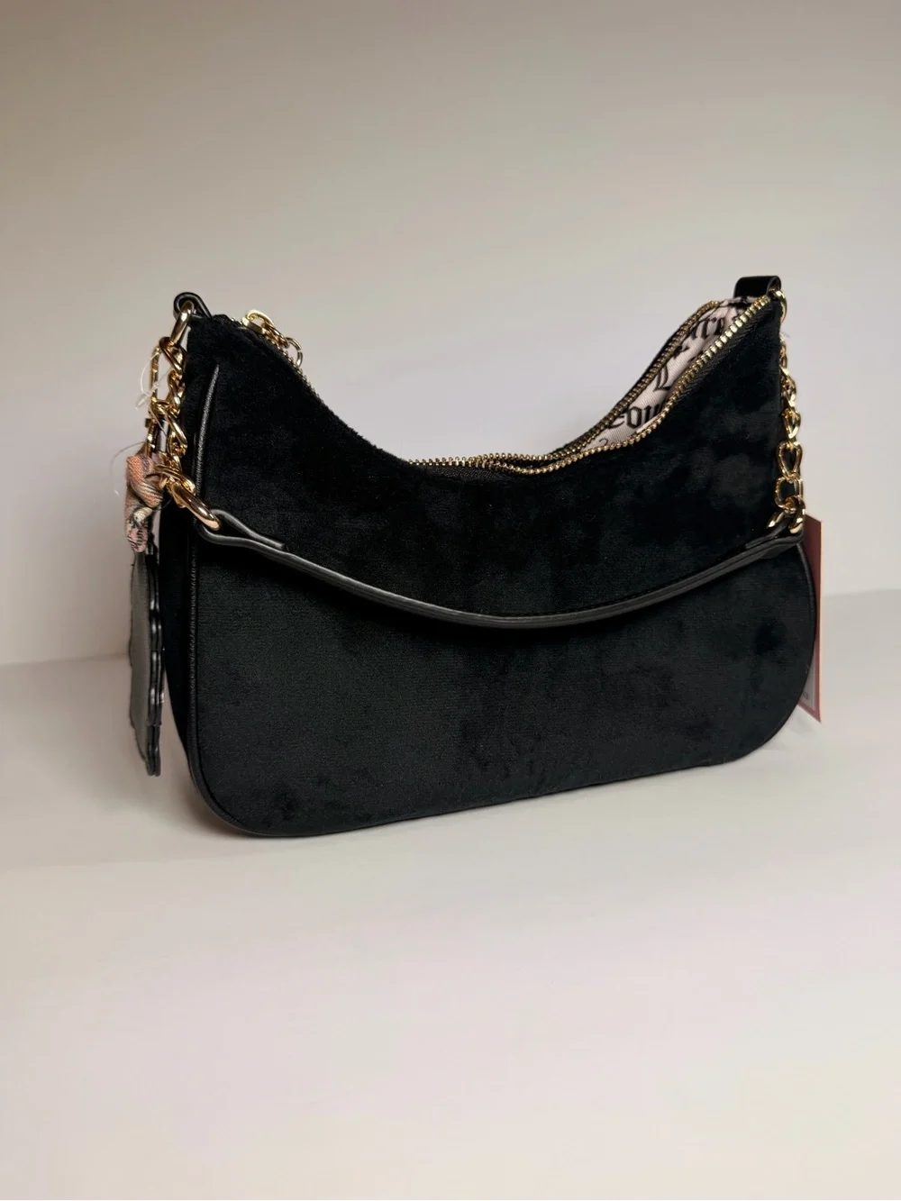 Juicy Couture Black Velour Shoulder Bag with Pink Bow Charm